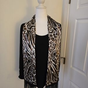 Cable & Gauge Black 2 Pc. 3/4 Sleeve Top With Black & Brown Fringed Scarf Sz (M)